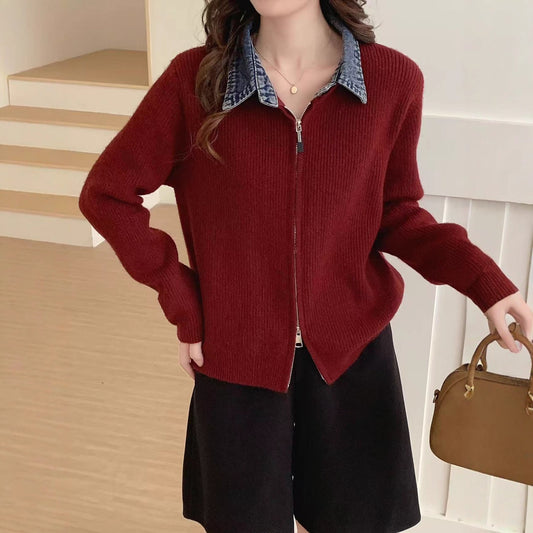 Sara - Cárdigan de Punto con Cuello de Mezclilla